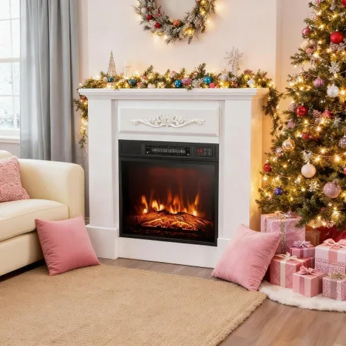 Vista 10 de ORALNER Chimenea Eléctrica de 32" con Repisa, Paquete de Caja de Fuego de Madera Envolvente Independiente Inserto de Chimenea de 18" Calentador
