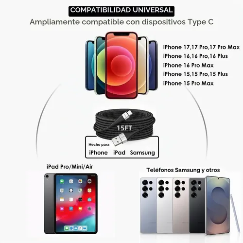 Vista 9 de Cable USB a USB C extralargo de 15 pies, cargador USBC tipo C cable de carga rápida Negro