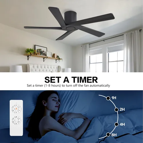 Vista 6 de WINGBO Ventiladores de techo CC de montaje al ras de 48 pulgadas sin luces, 5 aspas de madera maciza tallada, motor CC reversible de 6 velocidades