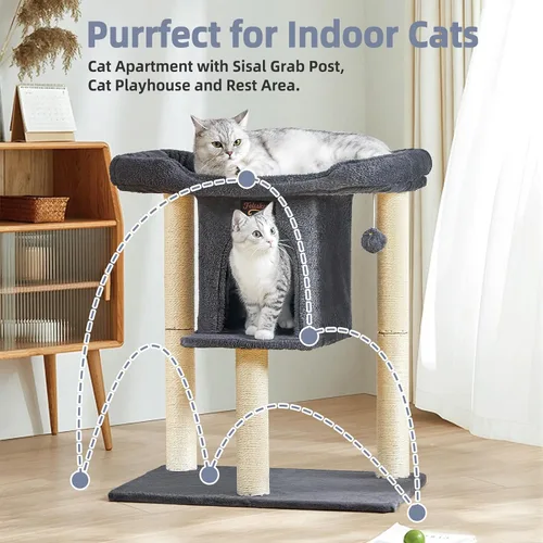 Vista 6 de Torre Rascador para Gatos Grandes de Interior, Árbol Pequeño para Gatos con Cama de Percha Grande, Casa de Árboles de 28 Pulgadas de Alto con Cueva