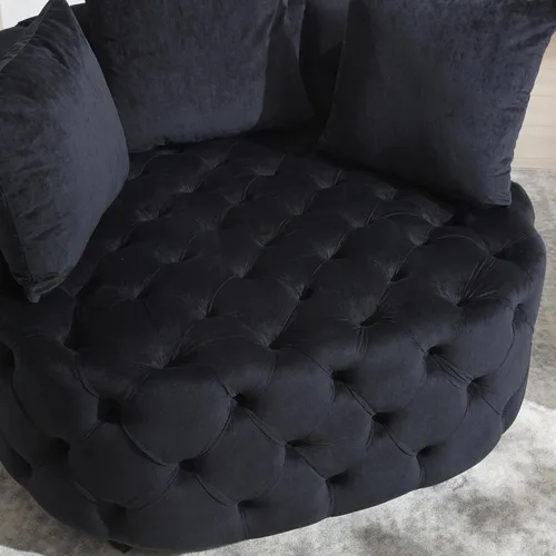 Vista 5 de HMFULE Silla de ocio moderna tapizada de terciopelo, silla giratoria con ruedas móviles y 3 almohadas para sala de estar (negro)