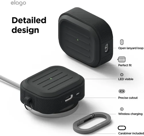 Vista 5 de elago Armor Case Compatible con AirPods Pro 3 Case - Mosquetón incluido, compatible con carga inalámbrica, resistente a golpes, protección completa