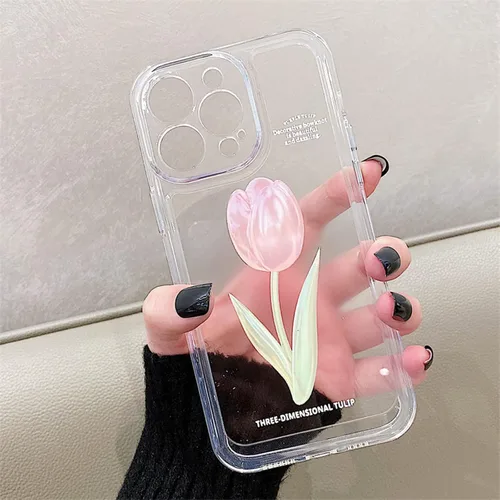 Vista 2 de Funda para iPhone 13 Pro Max, bonita funda estética de tulipanes rosas transparentes para mujeres y niñas