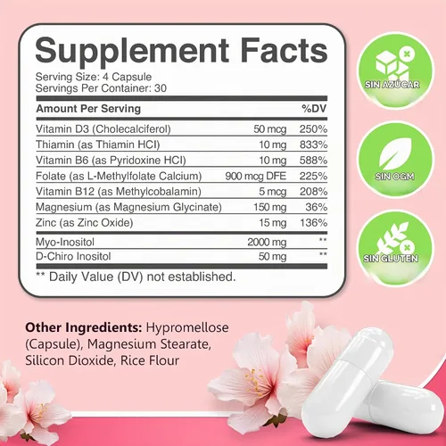 Vista 8 de Suplemento de mio-inositol y D-chiro inositol para mujeres, 120 quilates, ideal 40:1