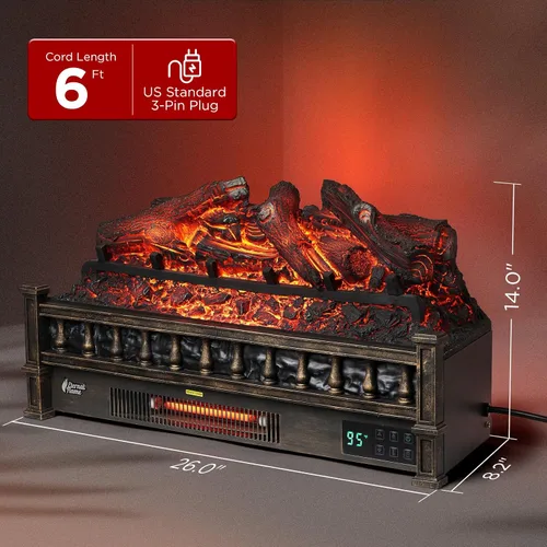 Vista 4 de TURBRO Eternal Flame - Calentador eléctrico de cuarzo infrarrojo WiFi de 26 pulgadas con sonido crujiente, troncos de madera de limón realistas