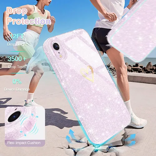 Vista 3 de Funda para iPhone XR, con [1 protector de pantalla de vidrio templado] [purpurina transparente] bonita funda de teléfono brillante a prueba