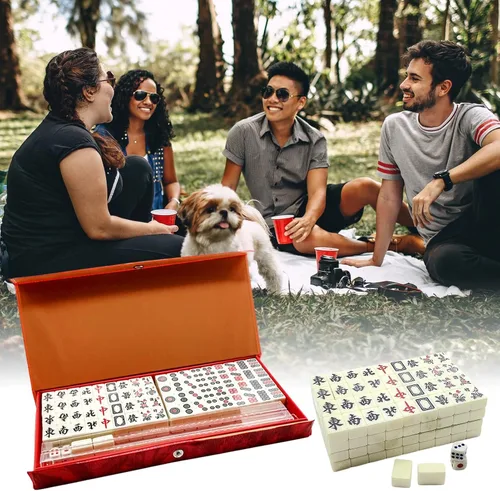 Vista 2 de Mini Mahjong - Juego de versión tradicional china con 2 tarjetas de repuesto, 144 azulejos Mahjong, juego de mesa de viaje con 4 reglas de cartas