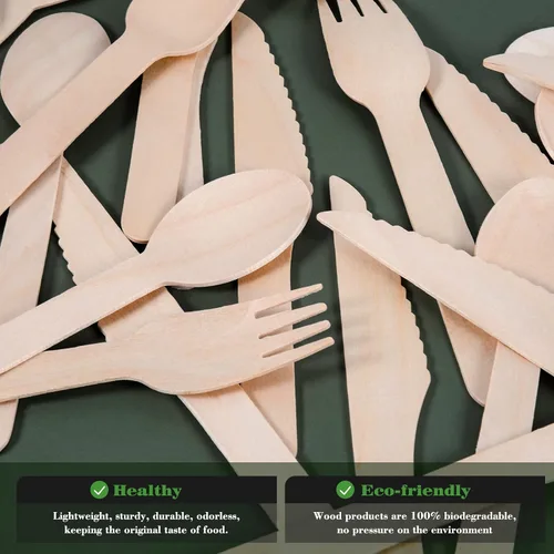 Vista 3 de Cubiertos de madera desechables, alternativa a los cubiertos de plástico, juego de 50 utensilios de madera, ecológicos, biodegradables