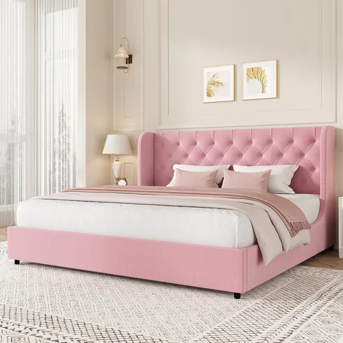 Vista 12 de HOMBCK - Marco de cama tamaño completo, base de cama tapizada en plataforma gris con cabecero, terciopelo acolchado, diseño de ala curvada, listones