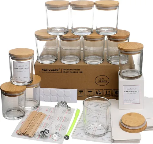 Vista 18 de MILIVIXAY Paquete de 12 tarros de vela de vidrio ámbar de 7 onzas con tapas y kits de fabricación de velas, tarros de velas vacíos a granel