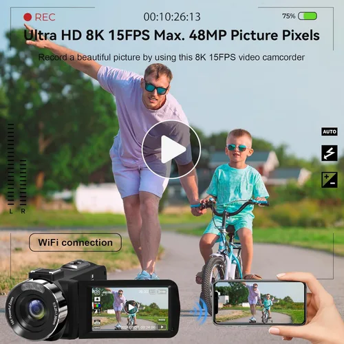 Vista 3 de Cámara de video, videocámara 8K de 48 megapíxeles para vlogging de YouTube con zoom digital 18X, pantalla táctil de 3” con WiFi, micrófono externo