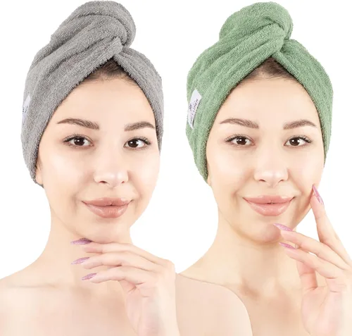 Vista 9 de American Soft Linen Toallas de pelo 100 % algodón para mujer, gorro de toalla de pelo, turbante de algodón para cabello largo y rizado Beige