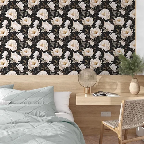 Vista 2 de Papel tapiz floral para despegar y pegar, papel de contacto negro/beige, flores de peonía grandes de 17.5 x 118 pulgadas, papel mural vintage