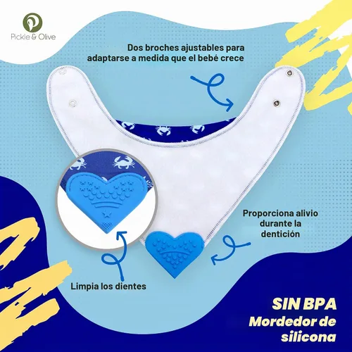 Vista 6 de Pickle & Olive Baberos de dentición bandana para bebé con mordedor de silicona adjunto, juego de 4, Azul mar