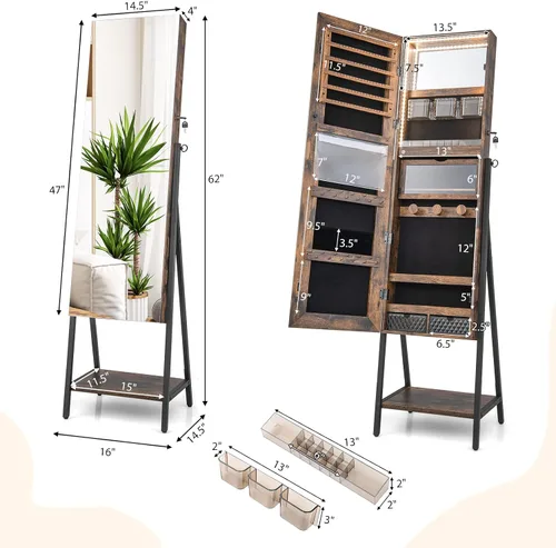 Vista 6 de CHARMAID Armario de Joyería de Pie con Espejo de Cuerpo Entero, Organizador de Gabinete de Joyería con Cerradura y Luces, 3 Modos de Iluminación