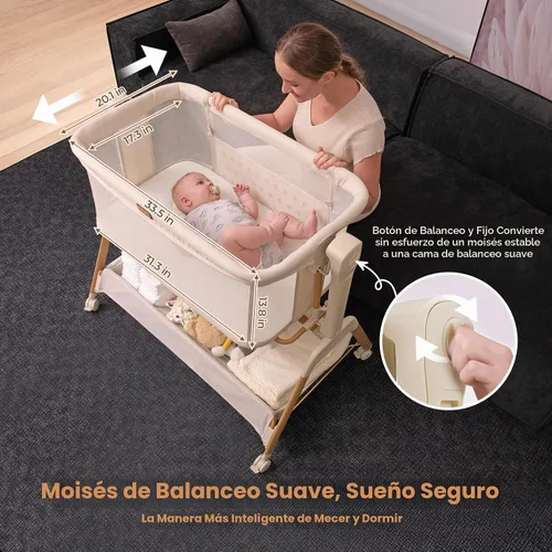Vista 5 de Ezebaby Cuna para Bebé al Lado de la Cama: Cuna con Balancín 3 en 1 para Bebé - Cuna de Malla Completa Transpirable con Colchón 6 Ajustes