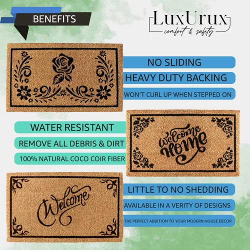 Vista 5 de LuxUrux Alfombra de Fibra de Coco de Bienvenida - Respaldo Extra Resistente, 17'' x 30'' Alfombra Natural para Puerta - Fácil de Limpiar, Hermoso