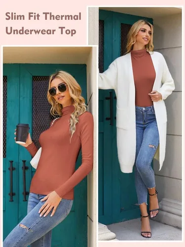 Vista 5 de EXCELLENT THERMAL Camisetas de manga larga con cuello alto falso para mujer, ajuste delgado, capa base suave, ropa interior térmica