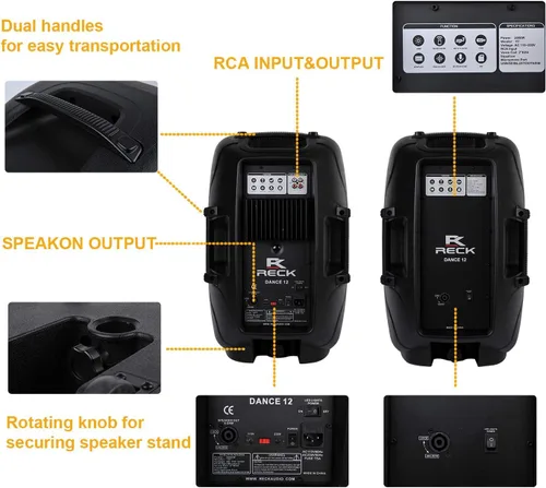 Vista 4 de RECK DC 12 portátil de 12 pulgadas, 1000 vatios, sistema de altavoces Dj/PA alimentado de 2 vías, conjunto combinado con Bluetooth/USB/lector