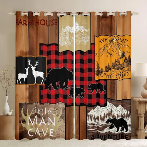 Vista 8 de Erosebridal Cortinas y cortinas geométricas de reno, con diseño de oso y ciervo, cortinas opacas con entramado a cuadros para dormitorio, bosque