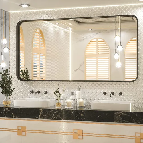 Vista 52 de Espejo de marco dorado cepillado de 16 x 24 pulgadas, espejo de tocador de baño de latón dorado para pared, espejo enmarcado rectangular de esquina