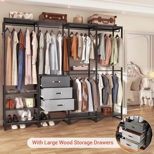 Vista 4 de Aheaplus Organizador de Closet de Madera para Colgar Ropa, Perchero de Ropa Resistente, Sistema de Closet en Esquina en Forma de L Grande con 3