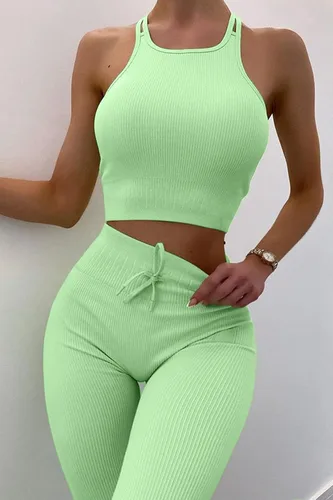 Vista 5 de QINSEN Conjuntos de entrenamiento sin costuras para mujer conjuntos de leggings de yoga de cintura alta acanalados de 2 piezas