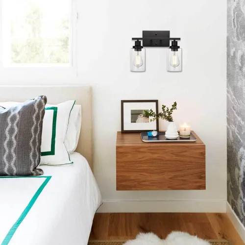 Vista 6 de MELUCEE Aplique de pared negro industrial vintage de 2 luces con pantalla de vidrio transparente y base de metal, luces de tocador de baño, apliques