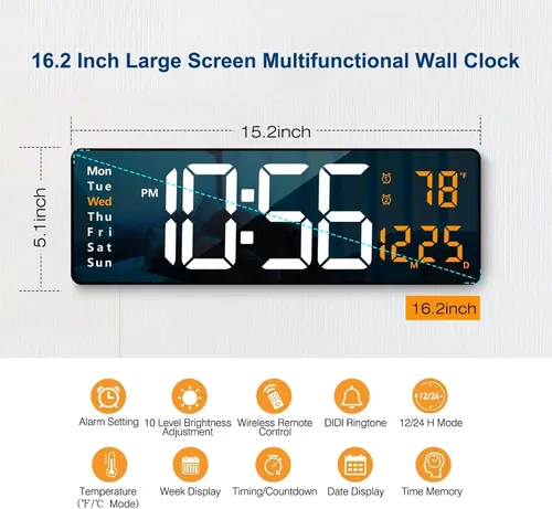 Vista 2 de Digital Alarm Clock Wall/Table 16.2 Inch Large LED Display with Date & Week, Remote Control, Adjustable Brightness, Big Wall Clock for Bedroom