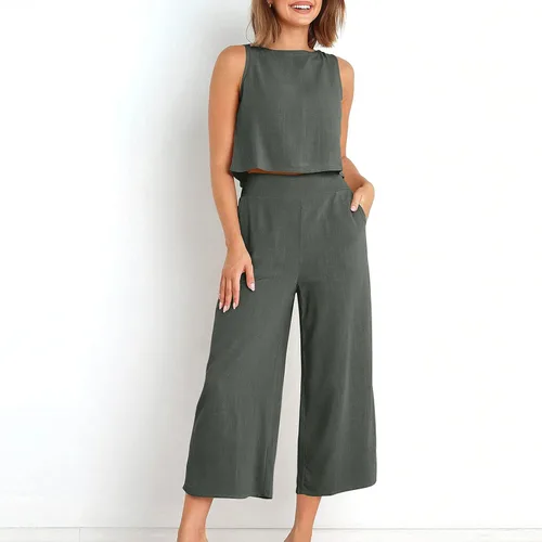 Vista 4 de Ganfancp Conjunto de 2 piezas para mujer, de verano, casual, de algodón, lino, sin mangas, con botones en la espalda, pantalones de pierna ancha