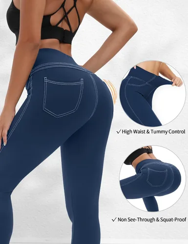 Vista 3 de VOOVEEYA Leggings de cintura alta para mujer, leggings con bolsillos, control de abdomen, tallas grandes, elásticos, pantalones de mezclilla