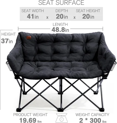 Vista 3 de EVER ADVANCED Silla de Campamento Doble para Adultos, Banco Loveseat de Campamento Plegable Acolchado con Bolsillo Lateral Sofá de Campamento