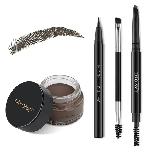 Vista 18 de LAVONE Kit de lápiz de sello para cejas, kit de maquillaje triple con lápiz de ceja impermeable, delineador, pomada de cejas y cepillo de cejas