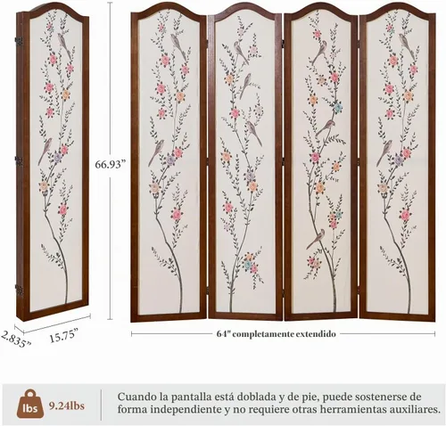 Vista 2 de Svimi Biombo Plegable de Madera de 4 Paneles Estilo Oriental Divisor de Habitación – Pantalla de Privacidad Independiente y Panel de Pared Divisorio