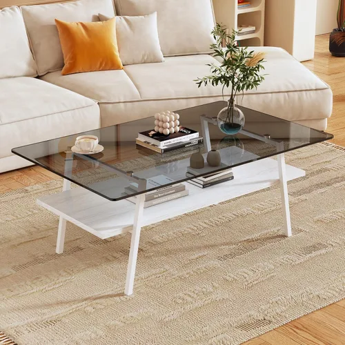 Vista 13 de IANIYA - Mesa de centro moderna de cristal, mesa de centro pequeña de mediados de siglo, mesa de centro para sala de estar con estantes de madera