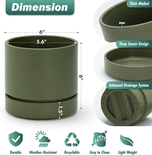 Vista 3 de Phoenix Vine 6 Inch Planter Pot with Drainage Hole & Saucer, Deep Water Catch Tray, Straight Cylindrical Round Pot for Plants, Olive, Pack of 1