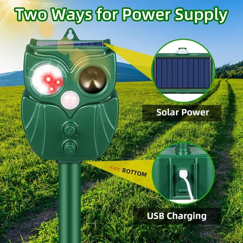 Vista 3 de Repelente solar ultrasónico de animales actualizado 2025 repelente de gatos para exteriores, detección de movimiento, luz LED de destello