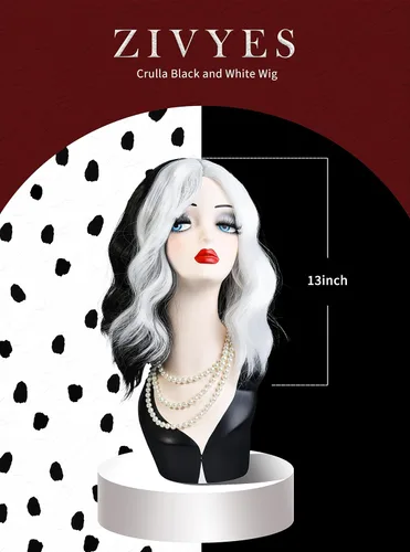 Vista 2 de Zivyes Cruella Devil Accessories - Disfraz de disfraz de Ms. Spot en blanco y negro, peluca con guantes de Cruella Deville para cosplay