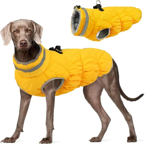 Vista 28 de Abrigo para perro, chaqueta cálida de invierno, acolchada, de vellón, chaleco reflectante con arnés, chaqueta de nieve impermeable con cremallera, a