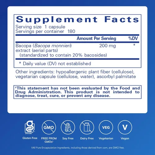 Vista 2 de Pure Encapsulations Bacopa Monnieri Suplemento para el cerebro, la memoria, la concentración y el estrés.* 180 cápsulas