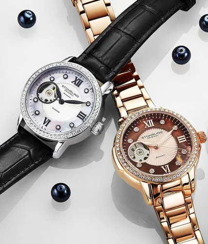 Vista 4 de Stuhrling - Reloj de vestir automático para mujer con bisel de cristal y movimiento automático de corazón abierto expuesto