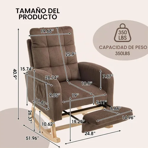 Vista 2 de NIOIIKIT Mecedora para guardería, mecedora tapizada de pana con reposapiés ajustable, silla mecedora copetuda con bolsillo lateral, mecedora café