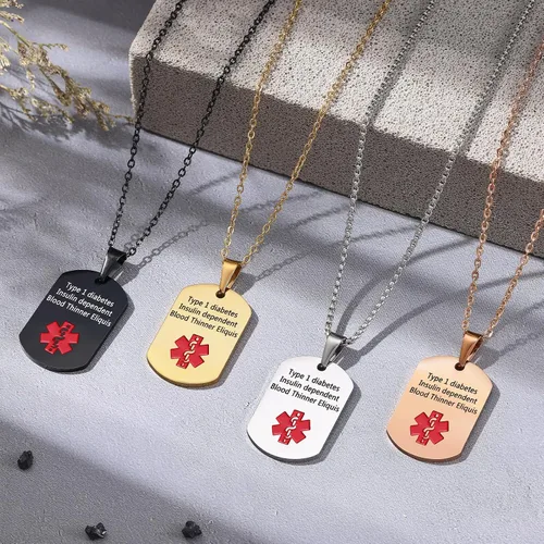 Vista 8 de Jewelstruck Collar de alerta médica para mujeres y hombres, etiquetas de identificación de emergencia, collar de doble cara, grabado gratuito