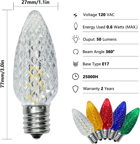 Vista 3 de Paquete de 25 bombillas LED C9 de repuesto para Navidad, bombillas LED C9 inastillables para cadena de luces de Navidad, base de candelabro E17