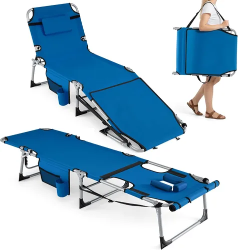 Vista 20 de Giantex Silla bronceadora, silla de playa de 330 libras con 5 posiciones ajustables, agujero para cara y brazo, correa para manos/hombros, almohada