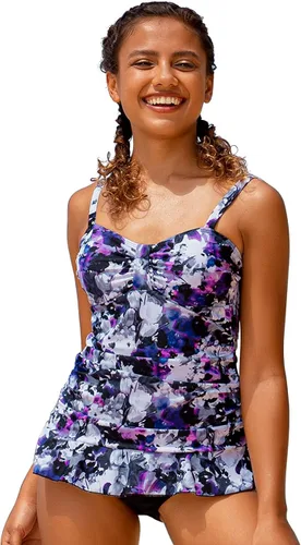 Vista 2 de Hilor - Parte superior del traje de baño tipo tankini retro de los años 50 diseño fruncido y con dobladillo con volantes para mujer