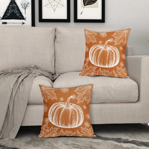 Vista 3 de Juego de 2 fundas de almohada de otoño naranja quemado de 18 x 18 pulgadas, diseño de calabaza blanca y hojas de arce con temática otoñal, almohadas