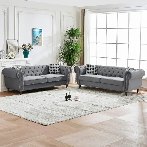 Vista 17 de Juego de 2 sofás de terciopelo negro moderno de mediados de siglo, sofá y sofá biplaza con botones copetudos, muebles para la sala, cómodo sofá Azul