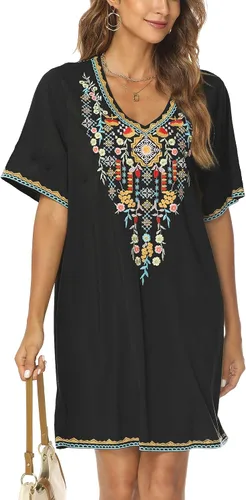 Vista 3 de Grosy Vestidos bordados de campesino mexicano para mujer vestido bohemio de fiesta de talla grande para mujer túnica tradicional floral bohemia