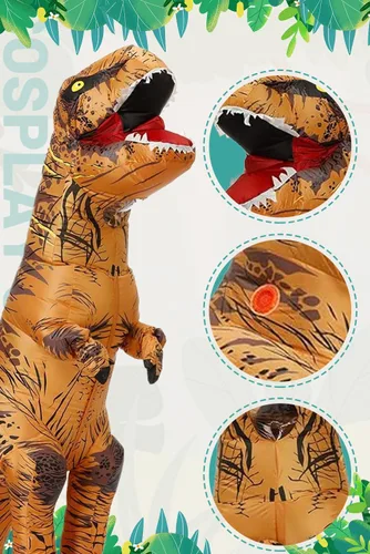 Vista 2 de Disfraz inflable de T-Rex para adultos, traje de dinosaurio de tiranosaurio (tamaño libre, marrón)